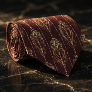 Elegant burgunderröd & guld påfågelsfjäder slips