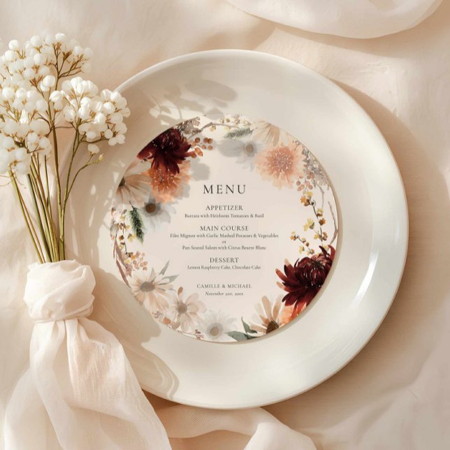 Elegant Burgunderröd Höstblomma Bröllopsmeny Meny (Fall Floral Wedding Round Menu Card)