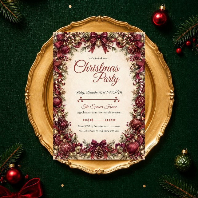 Elegant burgunderröd julfest inbjudningar (Skapare uppladdad)