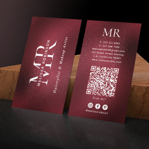 Elegant Burgunderröd Monogram QR-kod Sociala Medie Visitkort