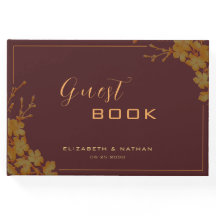 Elegant burgunderröd och guld blomster-gästbok