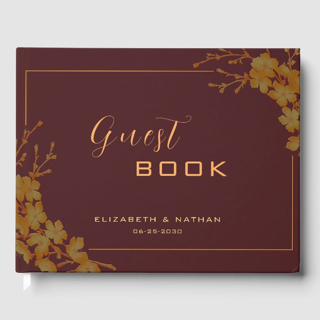 Elegant burgunderröd och guld blomster-gästbok gästböcker (Framsida)