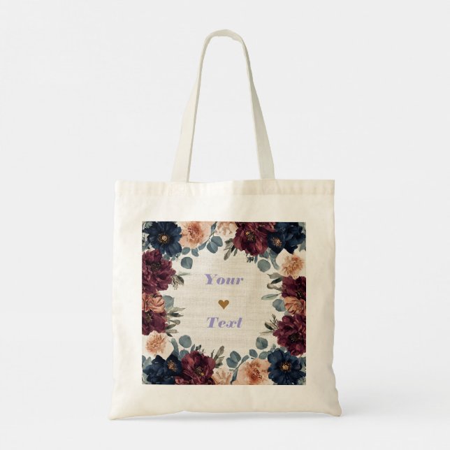 Elegant burgunderröd och marinblå blommig axelväsk tygkasse (Baksida)