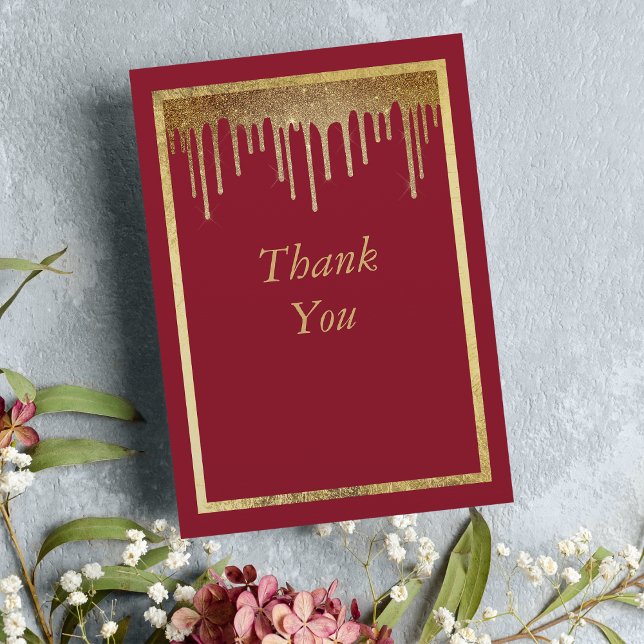 Elegant burgundi guld glitter droppar 50:e födelse tack kort (Elegant burgundy gold glitter drips 50th Birthday Thank You)