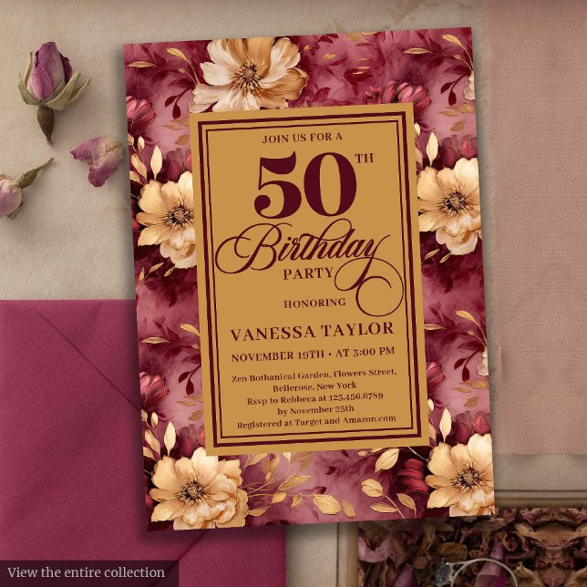 Elegant burgundi  guld ro 50-årsdagen inbjudningar (Elegant burgundy blush gold roses 50th birthday invite

)