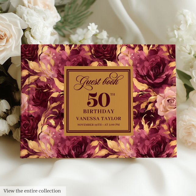 Elegant burgundi  guld ro 50:e gäst bok (Elegant Boho Burgundy Gold Floral 50th Guest Book)