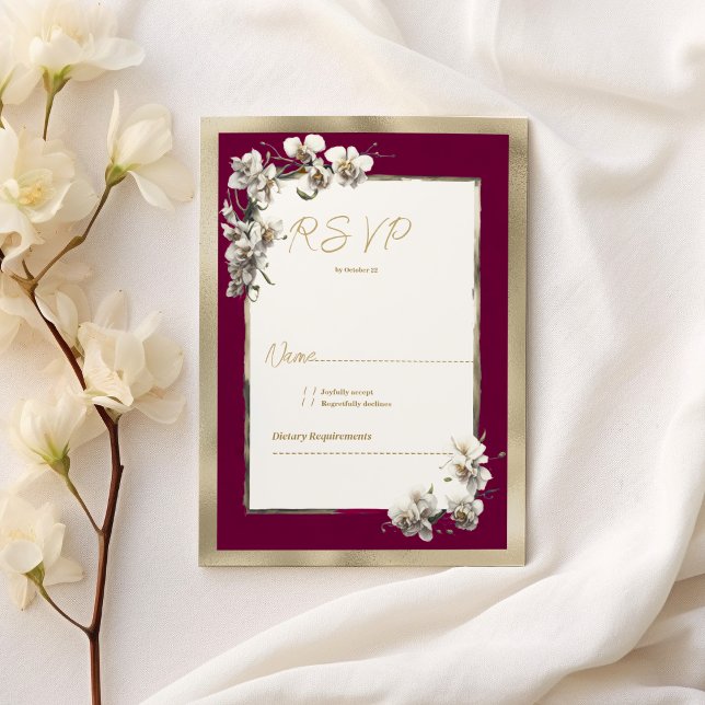 Elegant burgundi guld vit orkidéblommigt OSA Inbjudningar (Elegant burgundy gold white orchid floral RSVP)