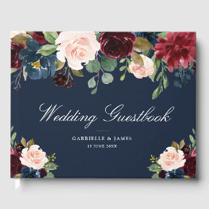 Elegant burgundi & maringuestbook blommigt bröllop gästböcker