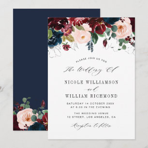 Elegant, burgundi och marin blå blommigt bröllop inbjudningar