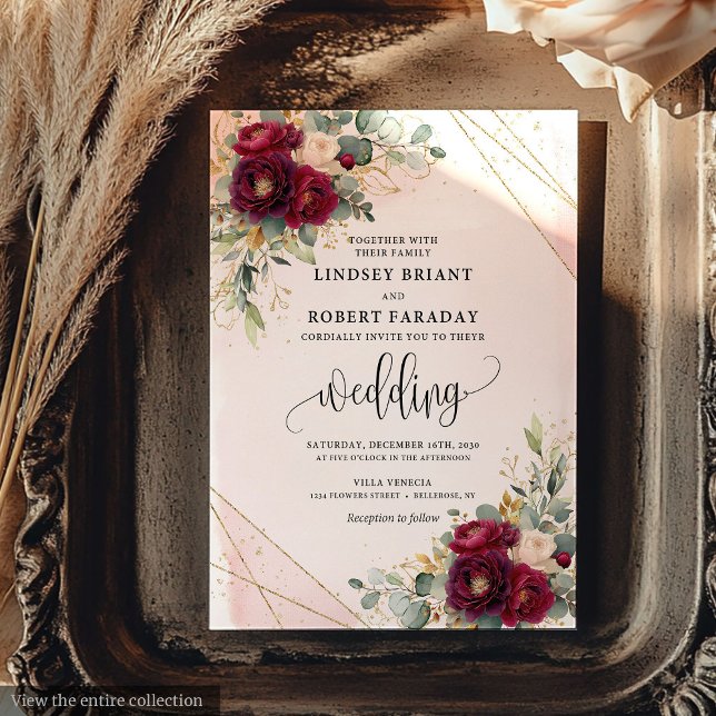 Elegant burgundinbjudan till  guld ro bröllopsinbj inbjudningar (Elegant Burgundy Blush Gold Roses Floral Wedding Invitation)