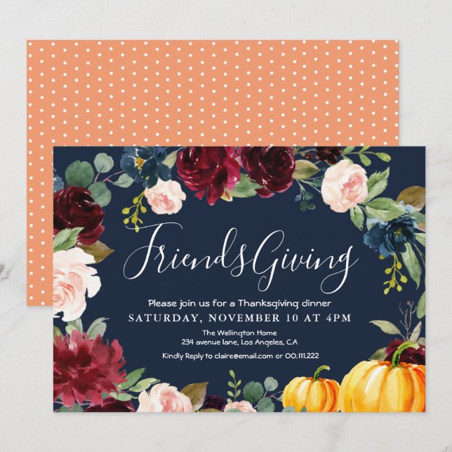 Elegant burgundisk blommigt thanksgiving middag inbjudningar (Fram/baksida)