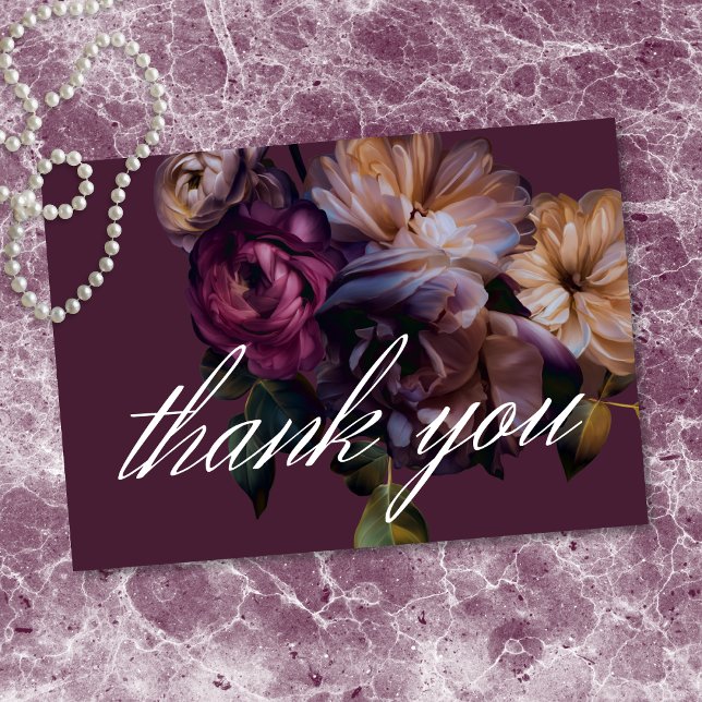 Elegant Burgundisk Klassisk Mörk Blommig Bröllop Tack Kort (Elegant Burgundy Classic Moody Floral Wedding Thank You Card)