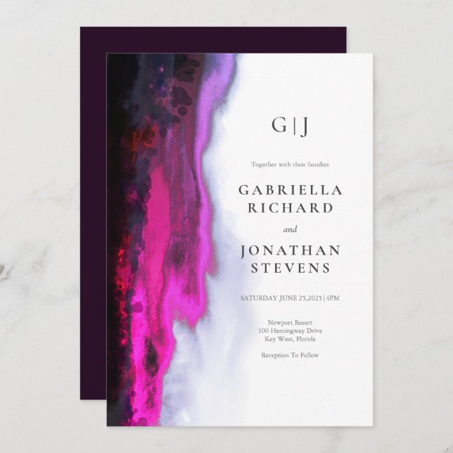 Elegant Burgundy Abstrakt Monogram Bröllop Inbjudningar (Fram/baksida)