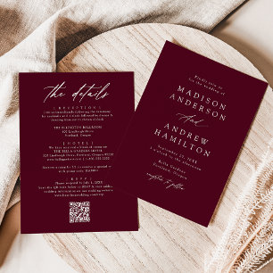 Elegant Burgundy All In One QR-kod Bröllop Inbjudningar