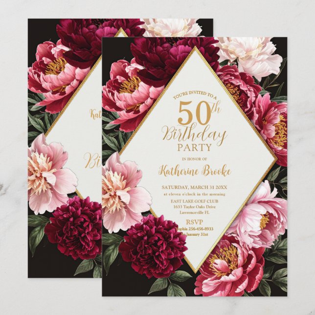 Elegant Burgundy and Blush Peony Floral Birthday Inbjudningar (Fram/baksida)