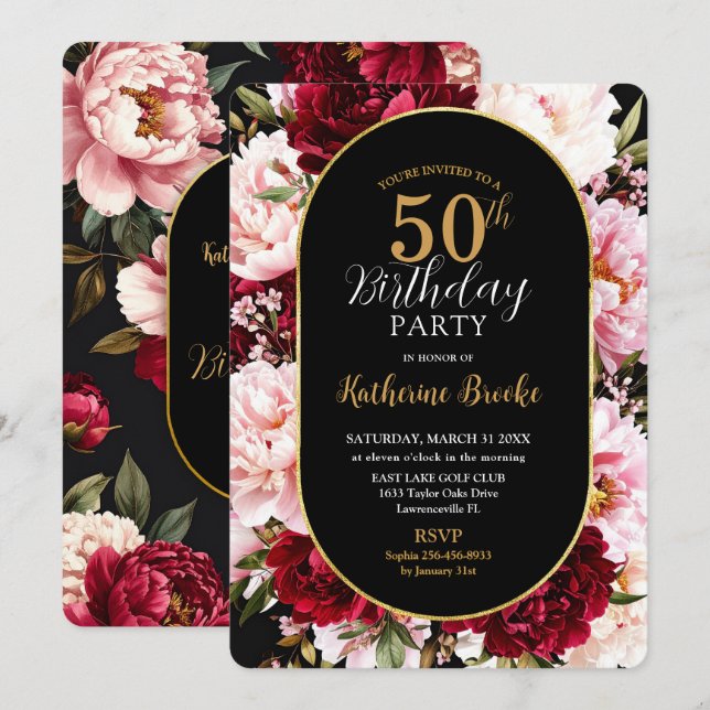 Elegant Burgundy and Blush Peony Floral Birthday Inbjudningar (Fram/baksida)