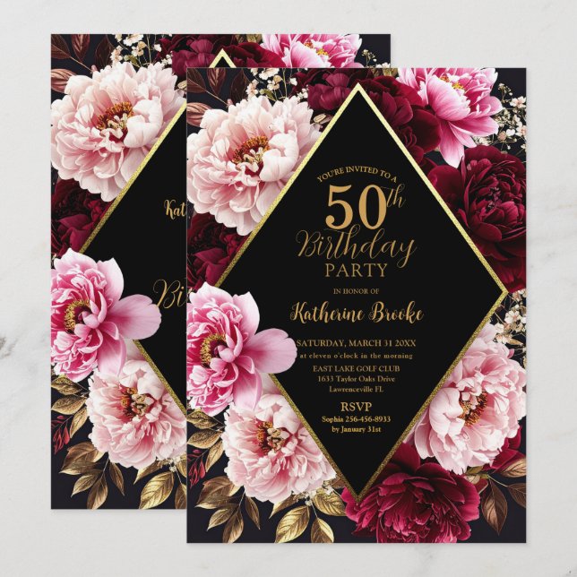Elegant Burgundy and Blush Peony Floral Birthday Inbjudningar (Fram/baksida)