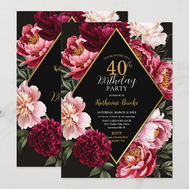 Elegant Burgundy and Blush Peony Floral Birthday Inbjudningar (Fram/baksida)