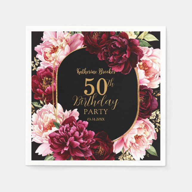 Elegant Burgundy and Blush Peony Floral Birthday Pappersservett (Framsidan)