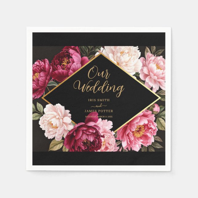 Elegant Burgundy and Blush Peony Floral Wedding Pappersservett (Framsidan)