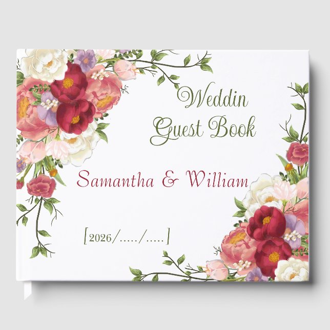 Elegant Burgundy and Crimson Blush Floral Wedding  Gästböcker (Framsida)