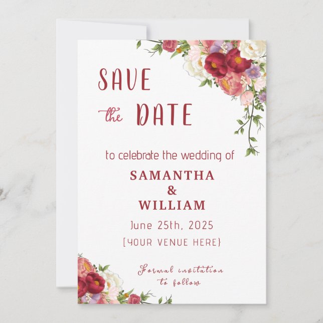 Elegant Burgundy and Crimson Blush Floral Wedding Spara Datumet (Framsida)