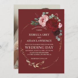 Elegant Burgundy and Gold Floral Photo Overlay Inbjudningar