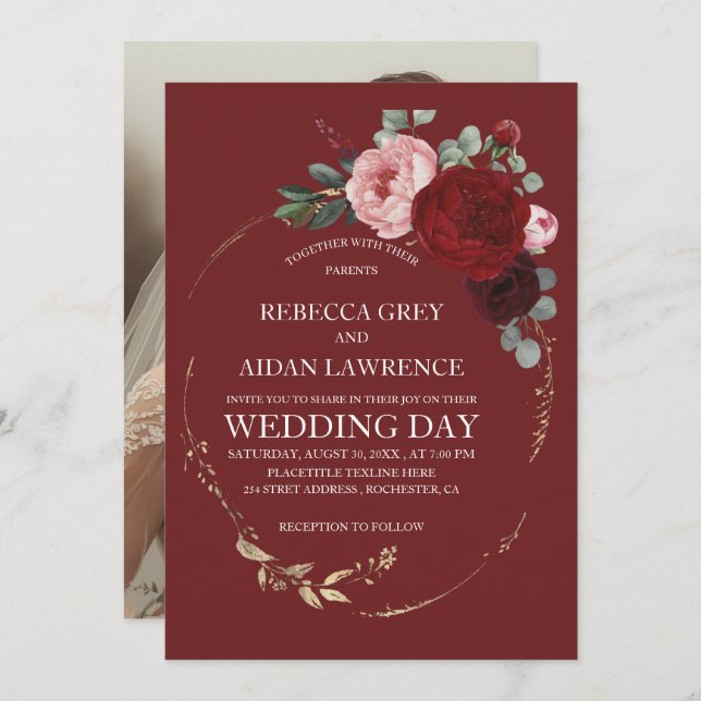 Elegant Burgundy and Gold Floral Photo Overlay Inbjudningar (Fram/baksida)