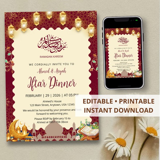 Elegant Burgundy and Gold Iftar Invitation Lantern Inbjudningar (Skapare uppladdad)