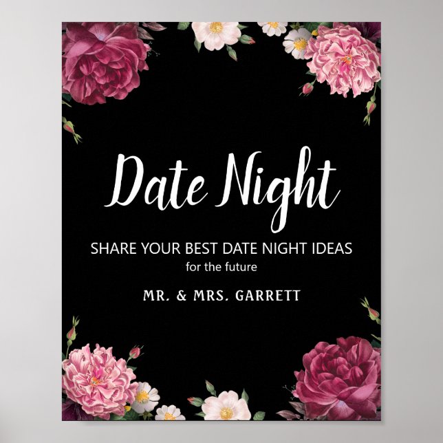 Elegant Burgundy and Rosa Flower Date Night Sign Poster (Framsidan)