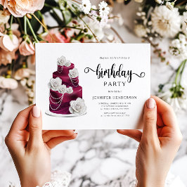 Elegant Burgundy Birthday Cake Party Inbjudningar