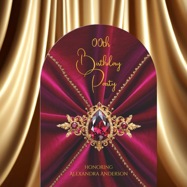 Elegant Burgundy Birthday Guld Jewel Faux Velvet Inbjudningar (Skapare uppladdad)