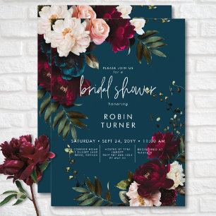 Elegant Burgundy & Blå Blommig Bröllopsdusch Inbjudningar