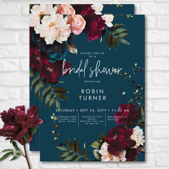 Elegant Burgundy & Blå Blommig Bröllopsdusch Inbjudningar (Elegant Burgundy & Blue Floral Bridal Shower Invitation)