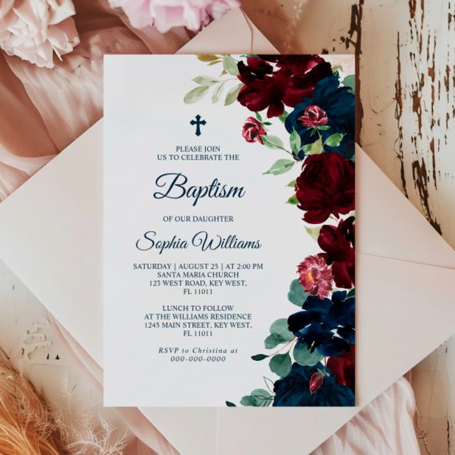 Elegant Burgundy & Blåa blommor Baptism Inbjudningar (Skapare uppladdad)