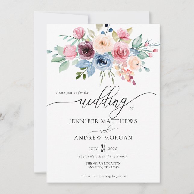 Elegant Burgundy Blåa blommor QR-koden Bröllop Inbjudningar (Framsida)