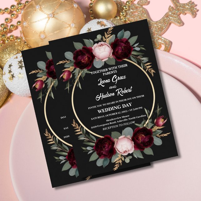 Elegant Burgundy, Black och Guld Blommigt Bröllop Inbjudningar (Skapare uppladdad)