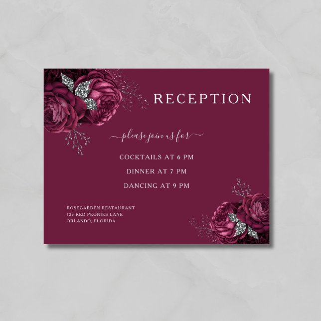Elegant Burgundy Blommig Mottagning Tilläggskort (Elegant Burgundy Floral Reception Enclosure Card)