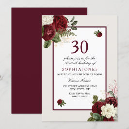 Elegant Burgundy Blommigt 30års födelsedag Party Inbjudningar