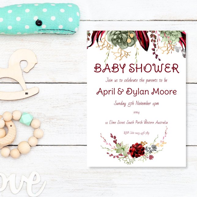 Elegant Burgundy Blommigt Baby Shower för Par Inbjudningar (Skapare uppladdad)