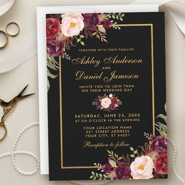 Elegant Burgundy Blommigt Black Guld Bröllop Inbjudningar (Customize to change text color, style, add text & photos to back or change color of back of card.)