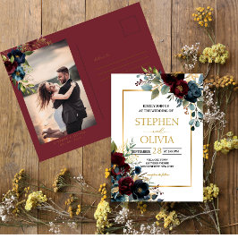 Elegant Burgundy Blommigt Blooms & Greenery bröllo Inbjudan Vykort