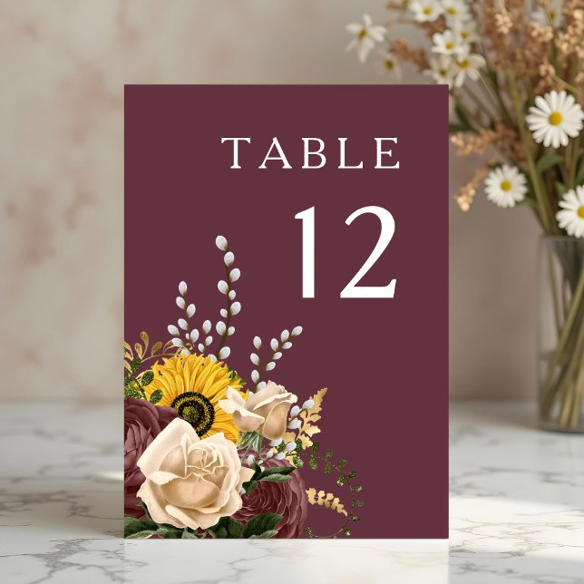 Elegant Burgundy Blommigt Bröllop Bordsnummer (Elegant Burgundy Floral Wedding Table Number)