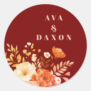 Elegant Burgundy Blommigt Bröllop Round Sticker Runt Klistermärke