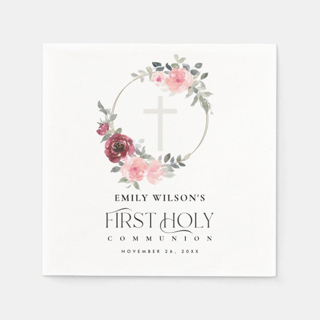 ELEGANT  BURGUNDY BLOMMIGT FÖRSTA HELIGAN GEMENSAM PAPPERSSERVETT (Framsidan)