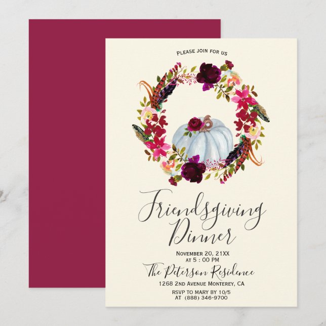 Elegant Burgundy Blommigt Friendsgiving-inbjudning Inbjudningar (Fram/baksida)