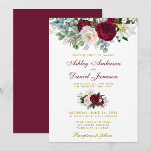 Elegant Burgundy Blommigt Greenery Bröllop Guld Inbjudningar