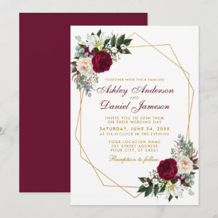 Elegant Burgundy Blommigt Greenery Guld Bröllop Inbjudningar