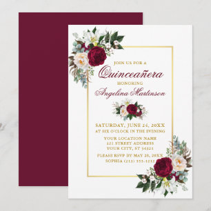 Elegant Burgundy Blommigt Greenery Guld Quinceaner Inbjudningar