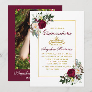 Elegant Burgundy Blommigt Greenery Photo Quinceane Inbjudningar